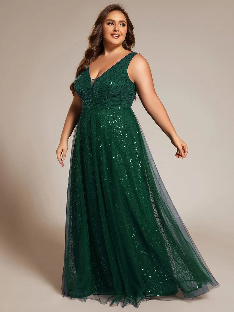 Plus Size Sequin V-Neck Sleeveless Empire Waist Tulle Formal Evening Dress