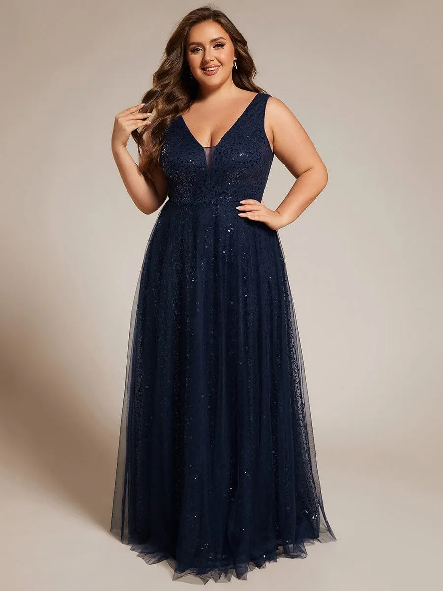 Plus Size Sequin V-Neck Sleeveless Empire Waist Tulle Formal Evening Dress