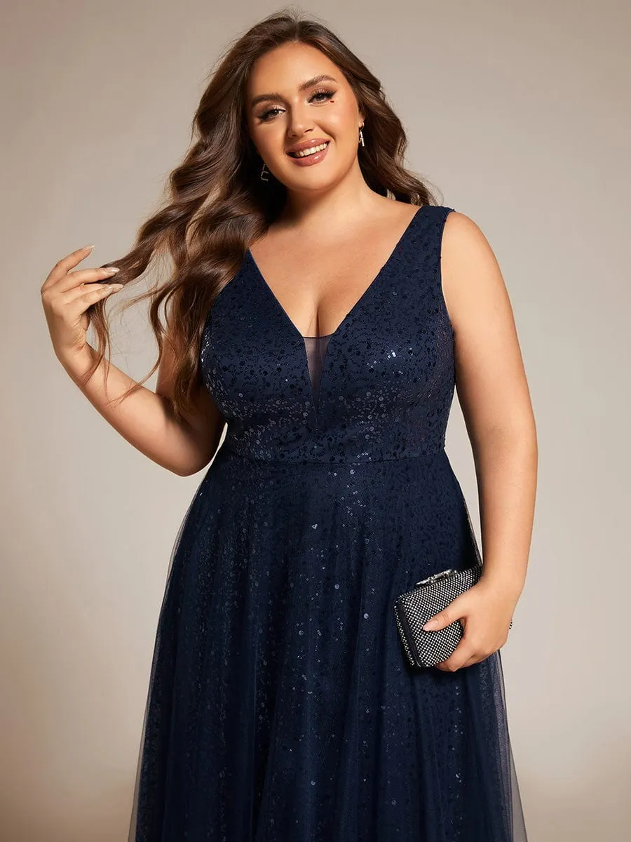 Plus Size Sequin V-Neck Sleeveless Empire Waist Tulle Formal Evening Dress