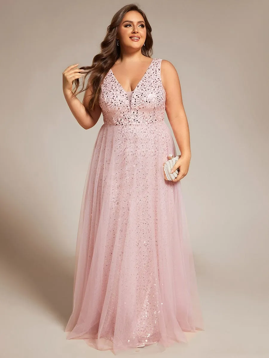 Plus Size Sequin V-Neck Sleeveless Empire Waist Tulle Formal Evening Dress