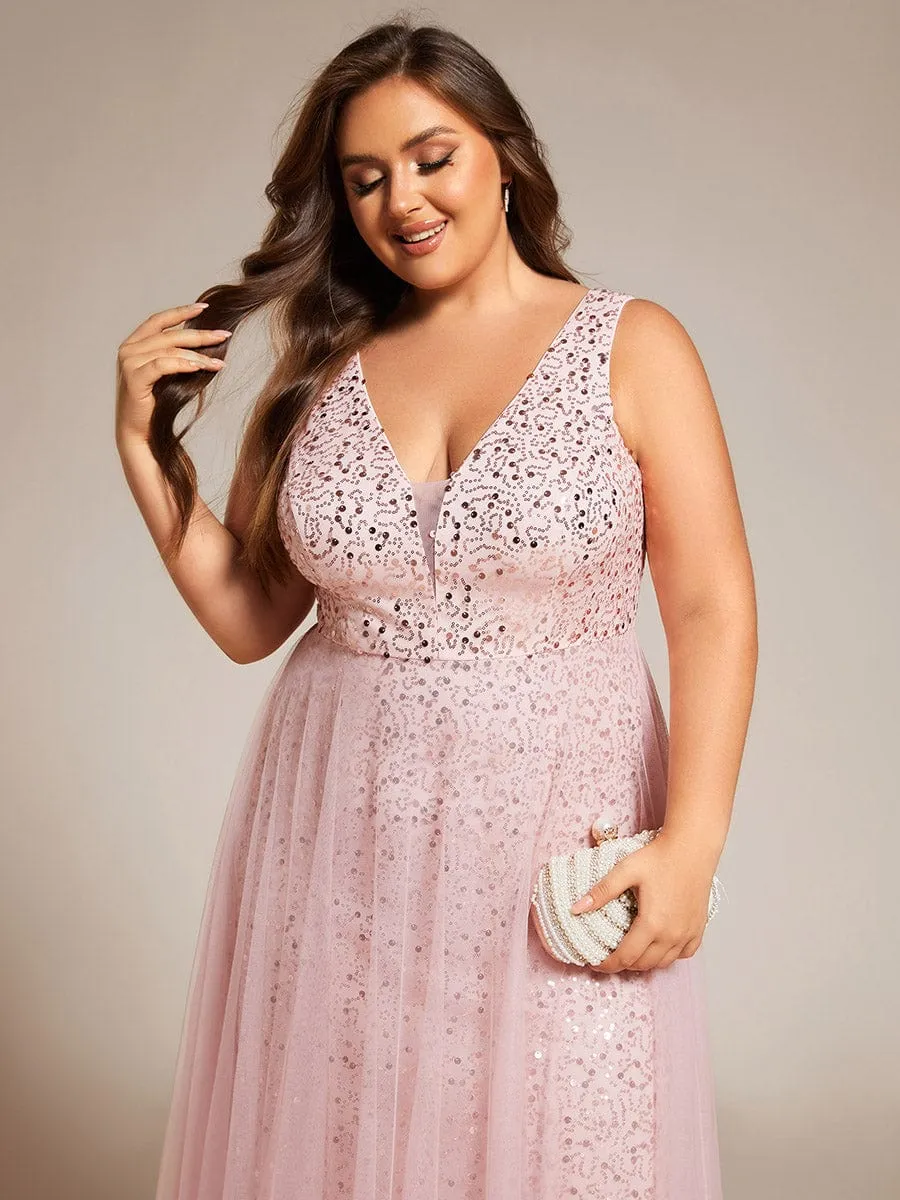 Plus Size Sequin V-Neck Sleeveless Empire Waist Tulle Formal Evening Dress