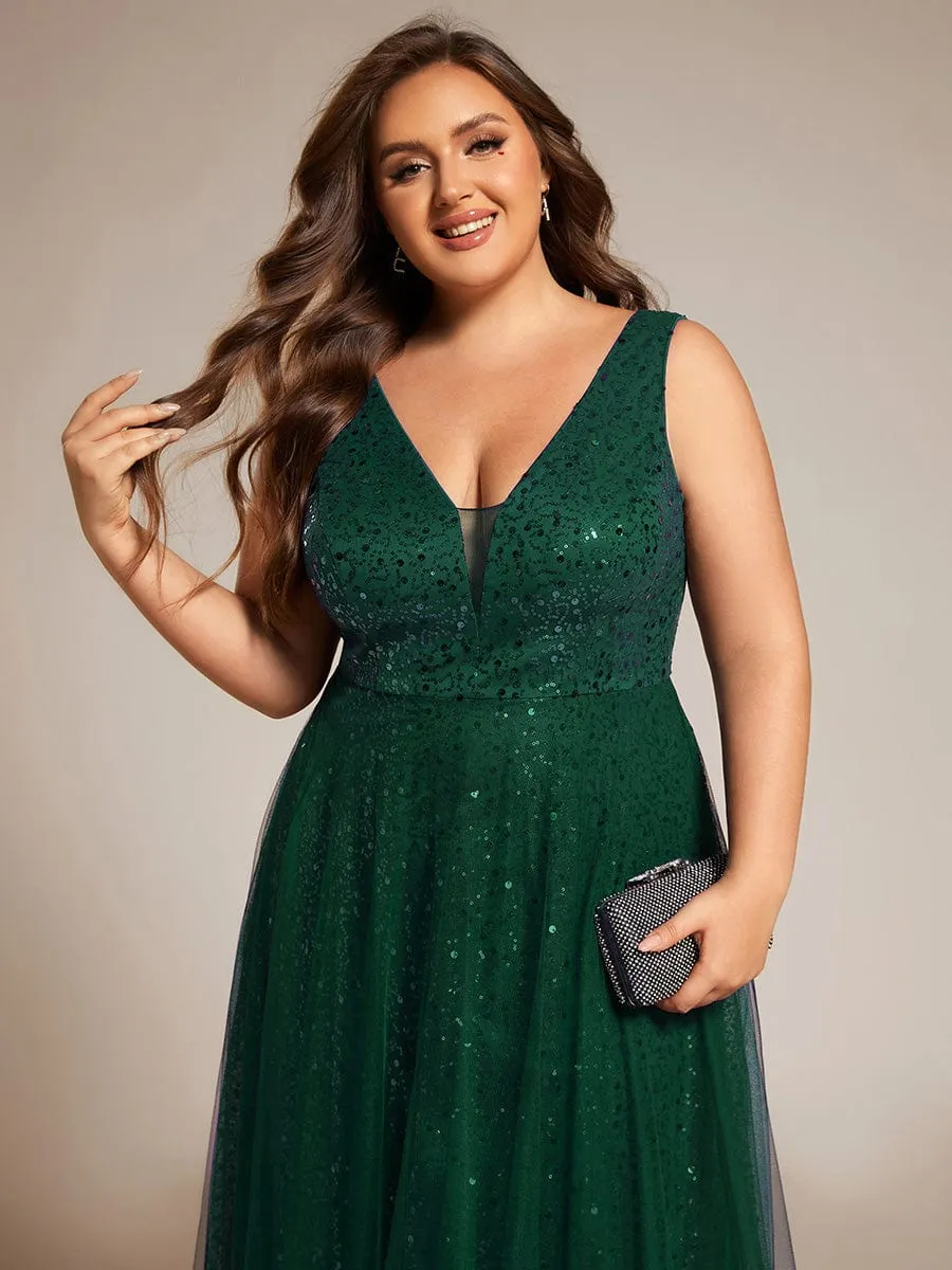 Plus Size Sequin V-Neck Sleeveless Empire Waist Tulle Formal Evening Dress