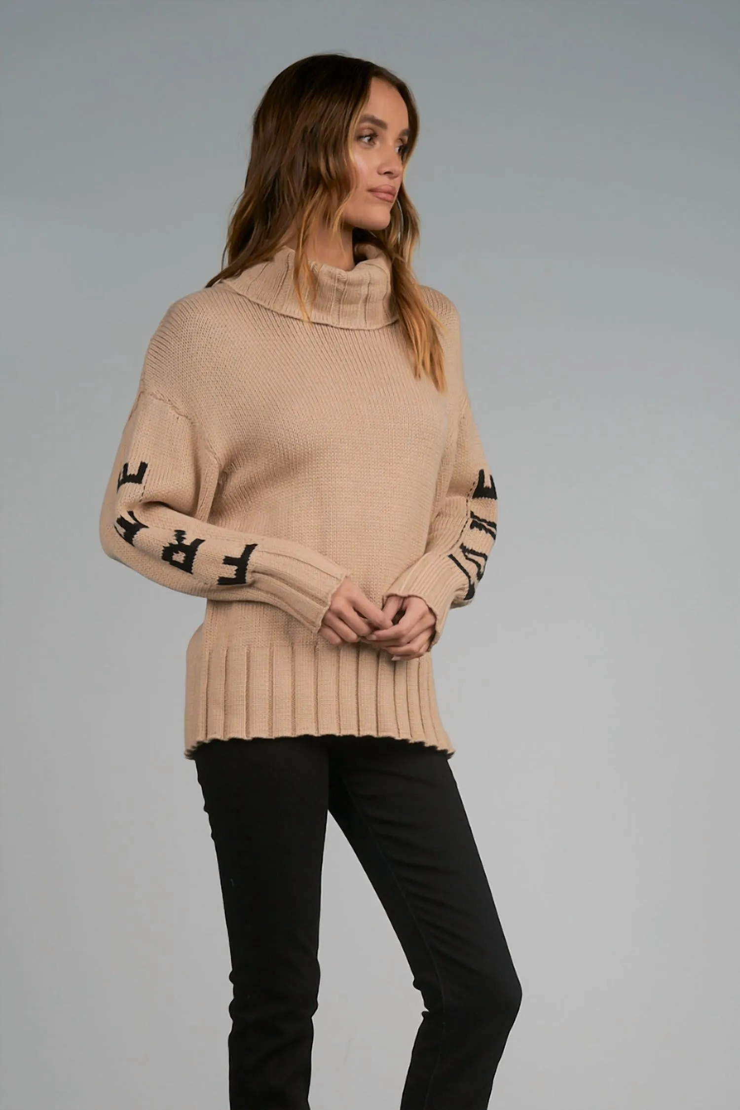 "free Love" Chunky Turtleneck Sweater In Taupe