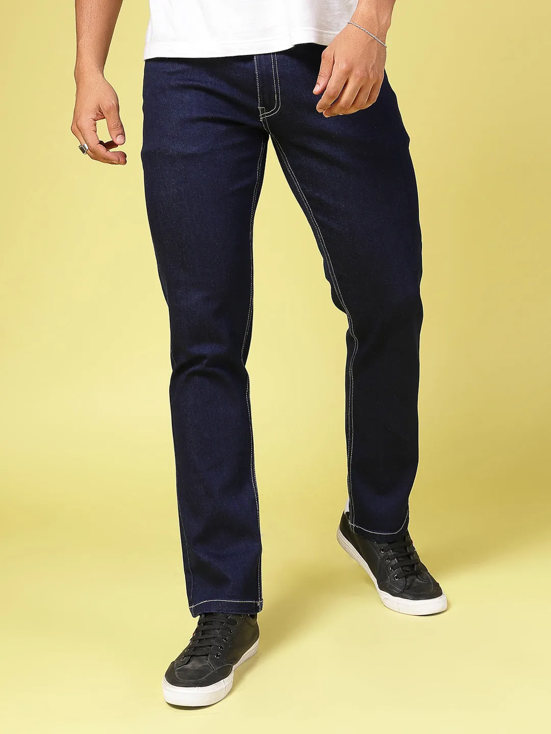 Solid Slim Fit Button Zipper Jeans