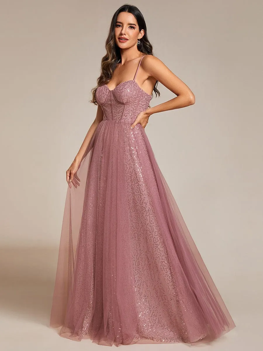 Spaghetti Straps Illusion Sleeveless A-Line Sequin Evening Dress with Tulle Cover