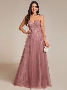 Spaghetti Straps Illusion Sleeveless A-Line Sequin Evening Dress with Tulle Cover