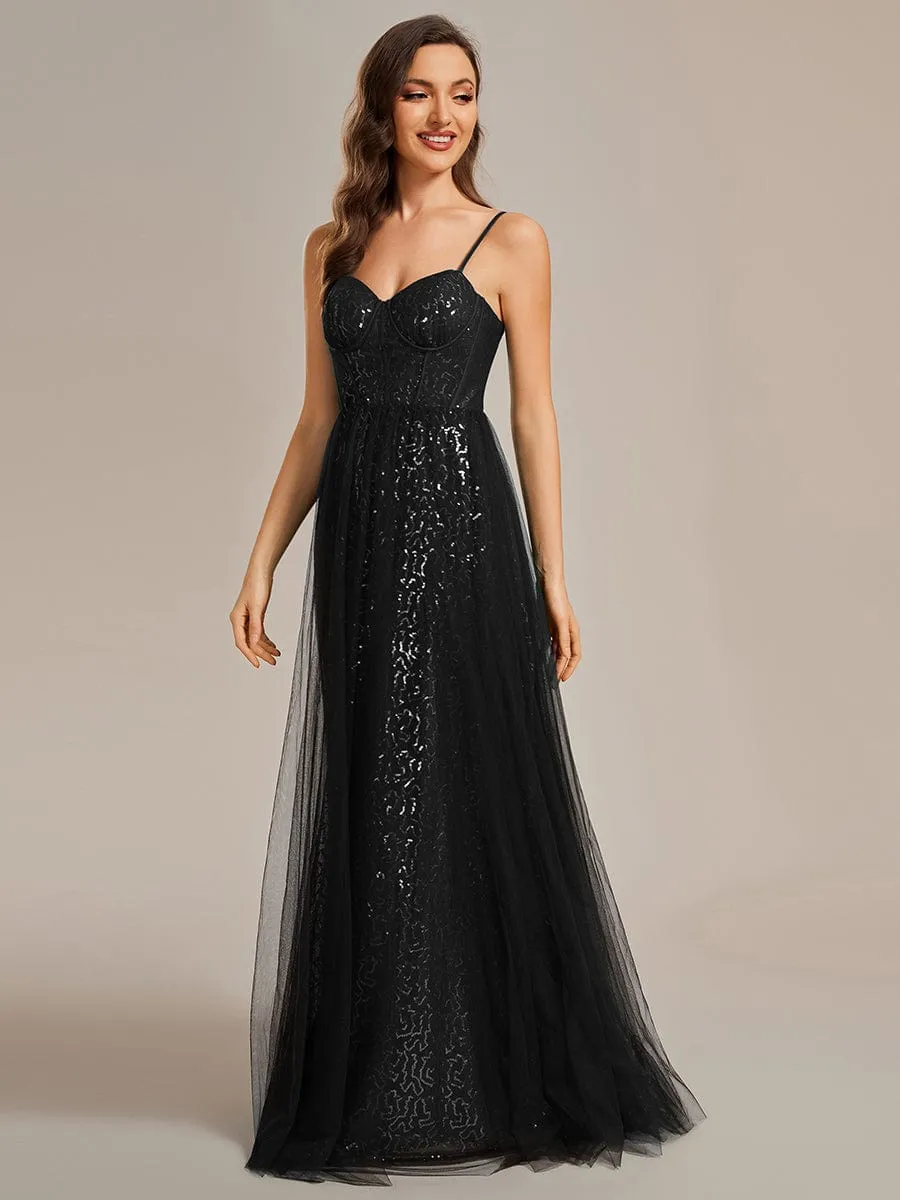 Spaghetti Straps Illusion Sleeveless A-Line Sequin Evening Dress with Tulle Cover