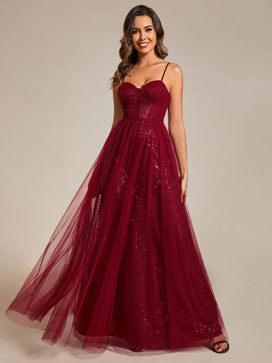 Spaghetti Straps Illusion Sleeveless A-Line Sequin Evening Dress with Tulle Cover