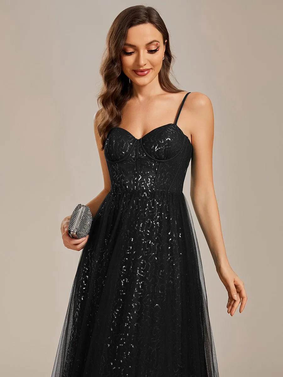 Spaghetti Straps Illusion Sleeveless A-Line Sequin Evening Dress with Tulle Cover