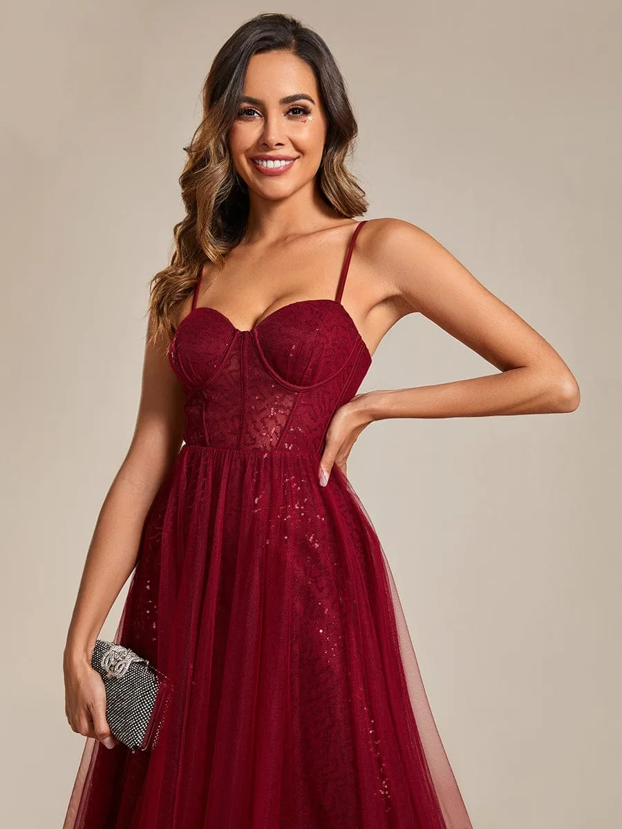 Spaghetti Straps Illusion Sleeveless A-Line Sequin Evening Dress with Tulle Cover