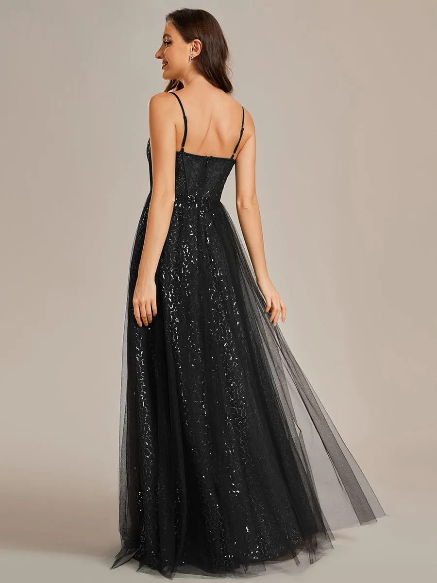 Spaghetti Straps Illusion Sleeveless A-Line Sequin Evening Dress with Tulle Cover